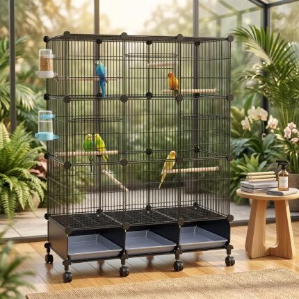 Spacious Metal Bird Cage with Perches, Feeder & Wheels